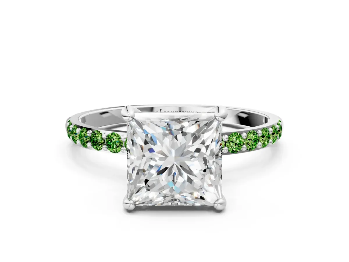 Princess Cut Diamond Solitaire Ring with Round Peridot Pavé Band and Prong Setting Silver
