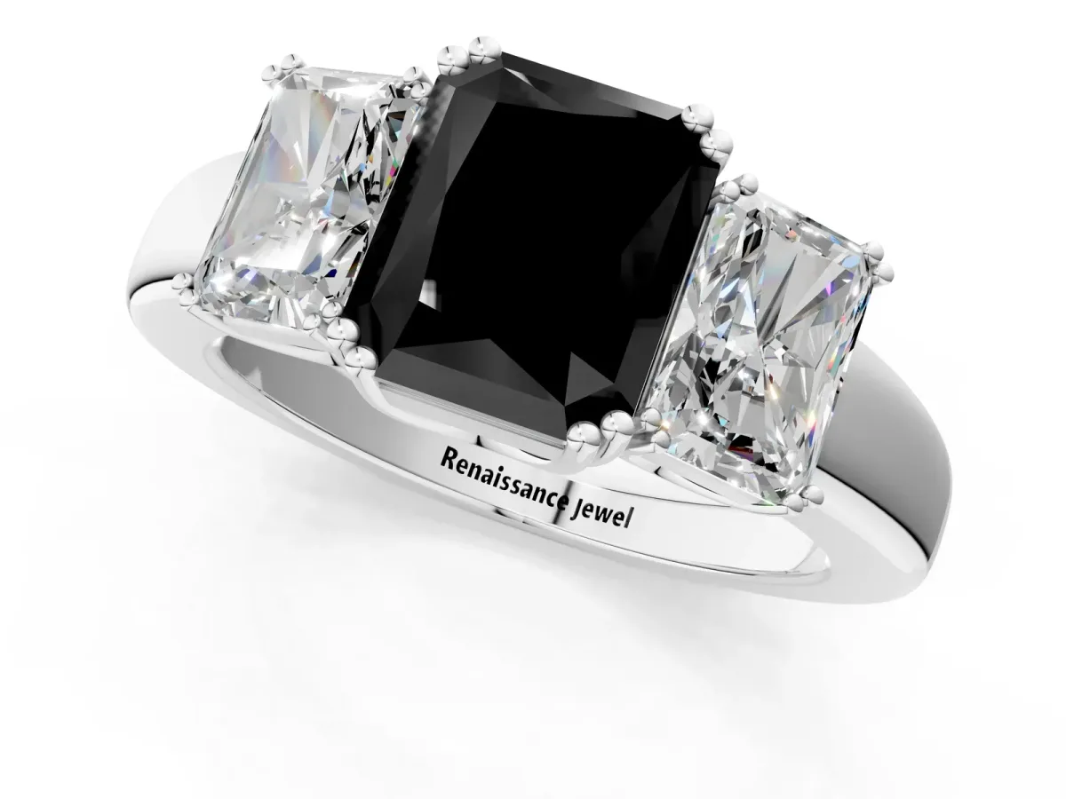 Fancy Black Three-Stone Radiant Cut Cut Diamond Ring with Channel Set Band and Four-Prong Setting Silver