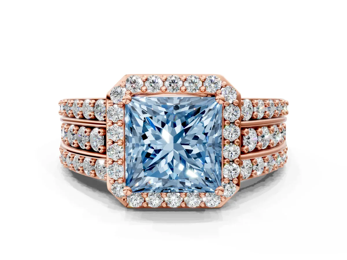 Fancy Blue Princess Cut Halo Diamond Ring with Round Split Shank and Prong Setting Rose gold