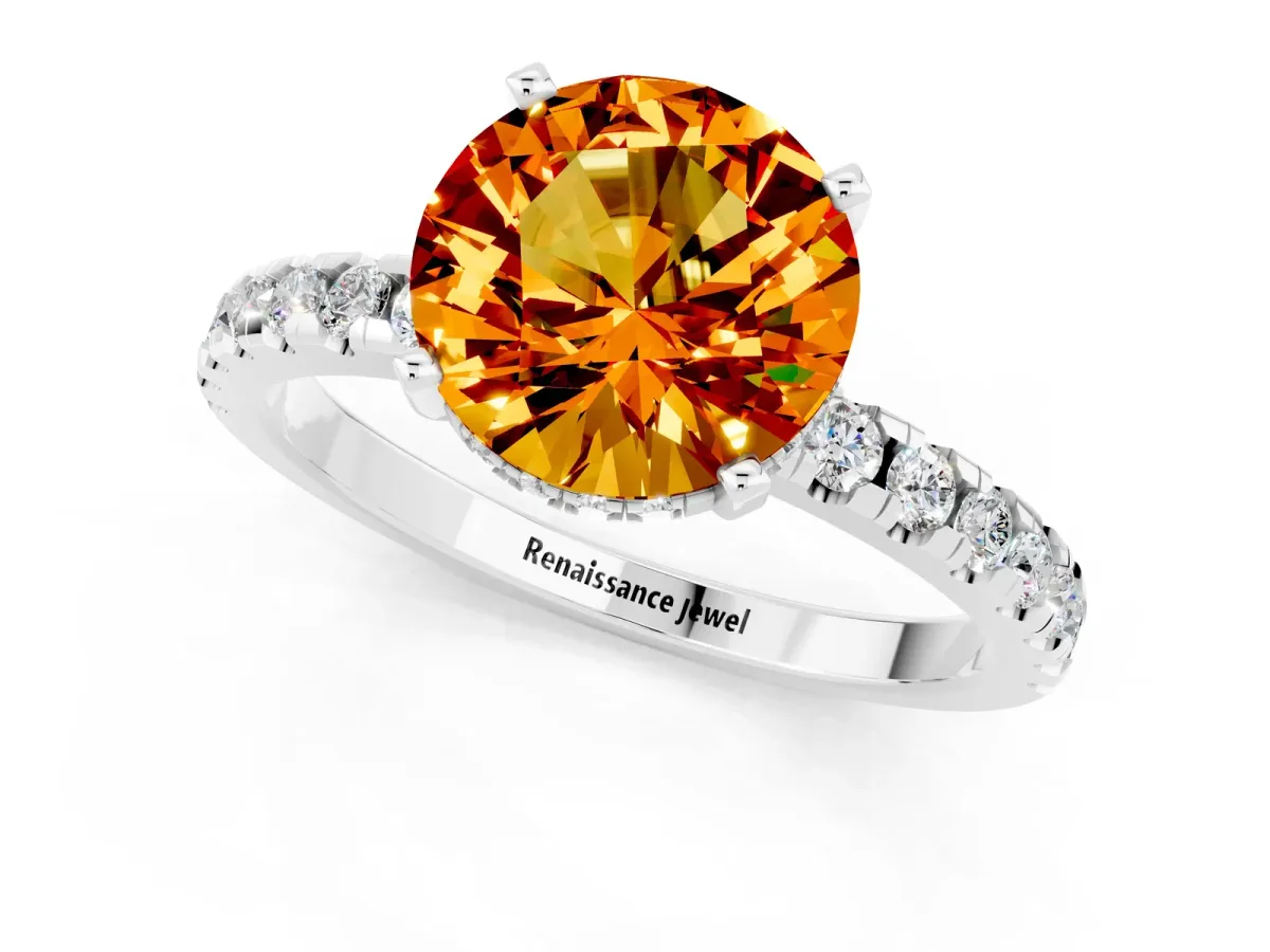 Round Cut Citrine Solitaire Ring with Round Pavé Band and Four-Prong Setting Silver