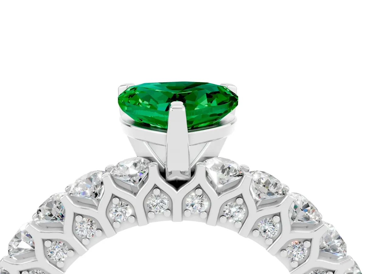 Heart Cut Emerald Solitaire Ring with Shared Prong Pavé Band and Four-Prong Setting Silver