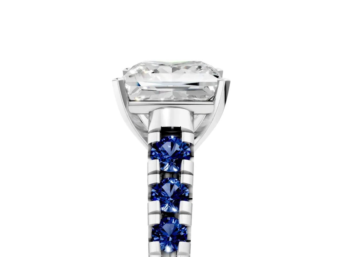 Princess Cut Diamond Cathedral Solitaire Ring with Round Blue Sapphire Pavé Band Silver
