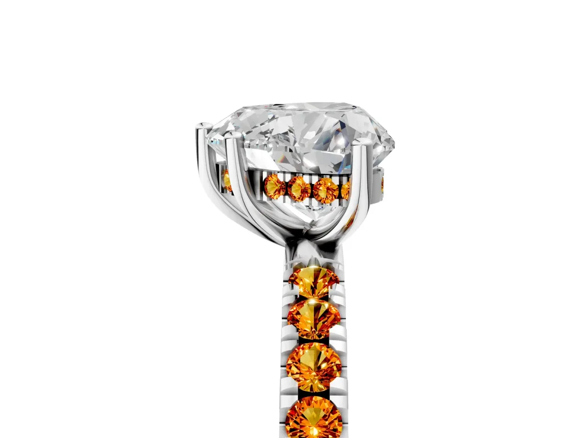 Heart Cut Diamond Pave Band Solitaire Ring with Round Citrine and Prong Setting Silver