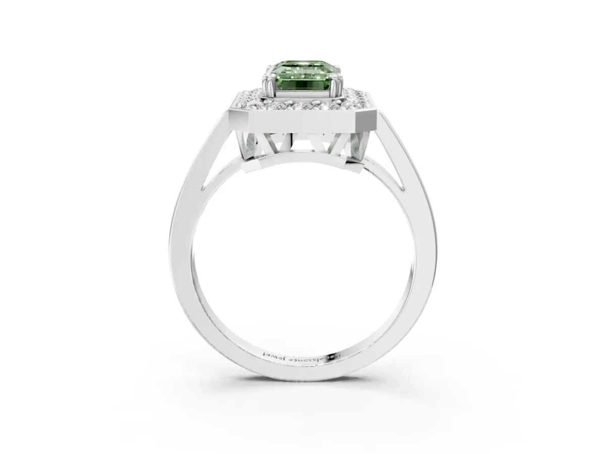Fancy Green Emerald Cut Diamond Halo Ring with Split Shank and Four-Prong Setting White gold