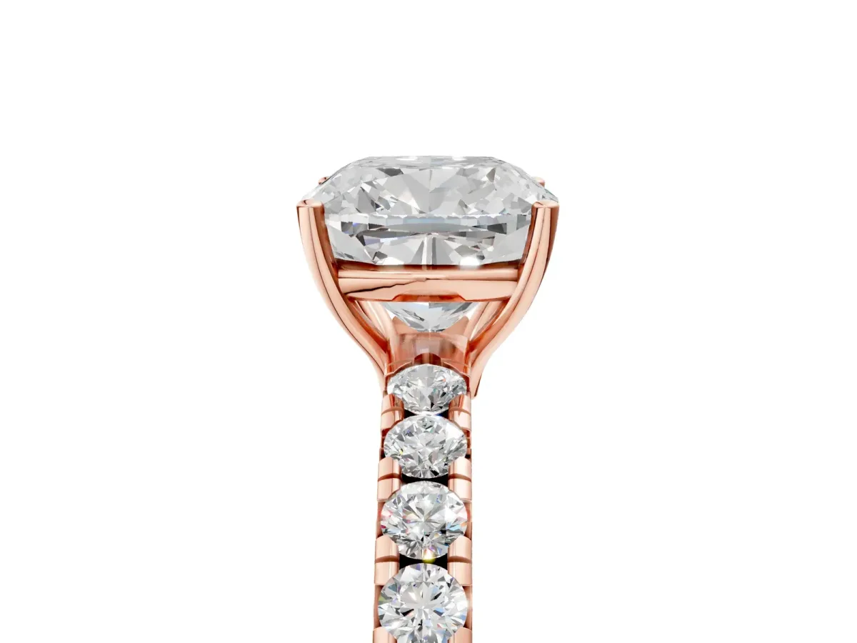 Cushion Cut Diamond Pavé Solitaire Engagement Ring with Four-Prong Setting Rose gold