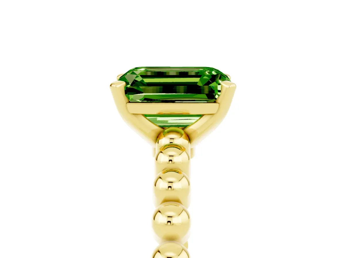 Emerald Cut Peridot Solitaire Ring with Beaded Band and Prong Setting Yellow gold