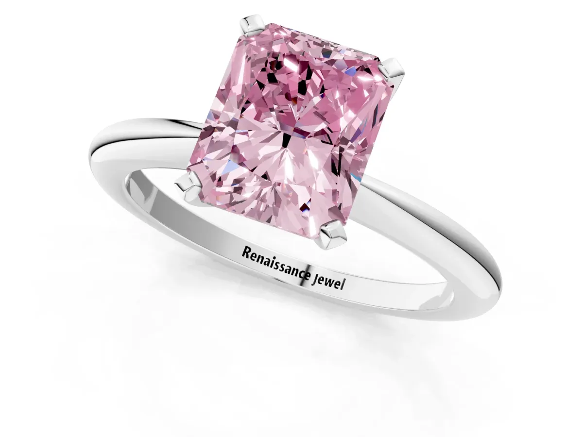 Fancy Pink Radiant Cut Diamond Solitaire Ring with Six-Prong Setting and Classic Band Silver