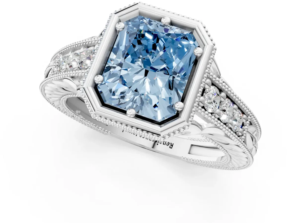 Fancy Blue Bezel Set Radiant Cut Diamond Milgrain Pave Engagement Ring Platinum