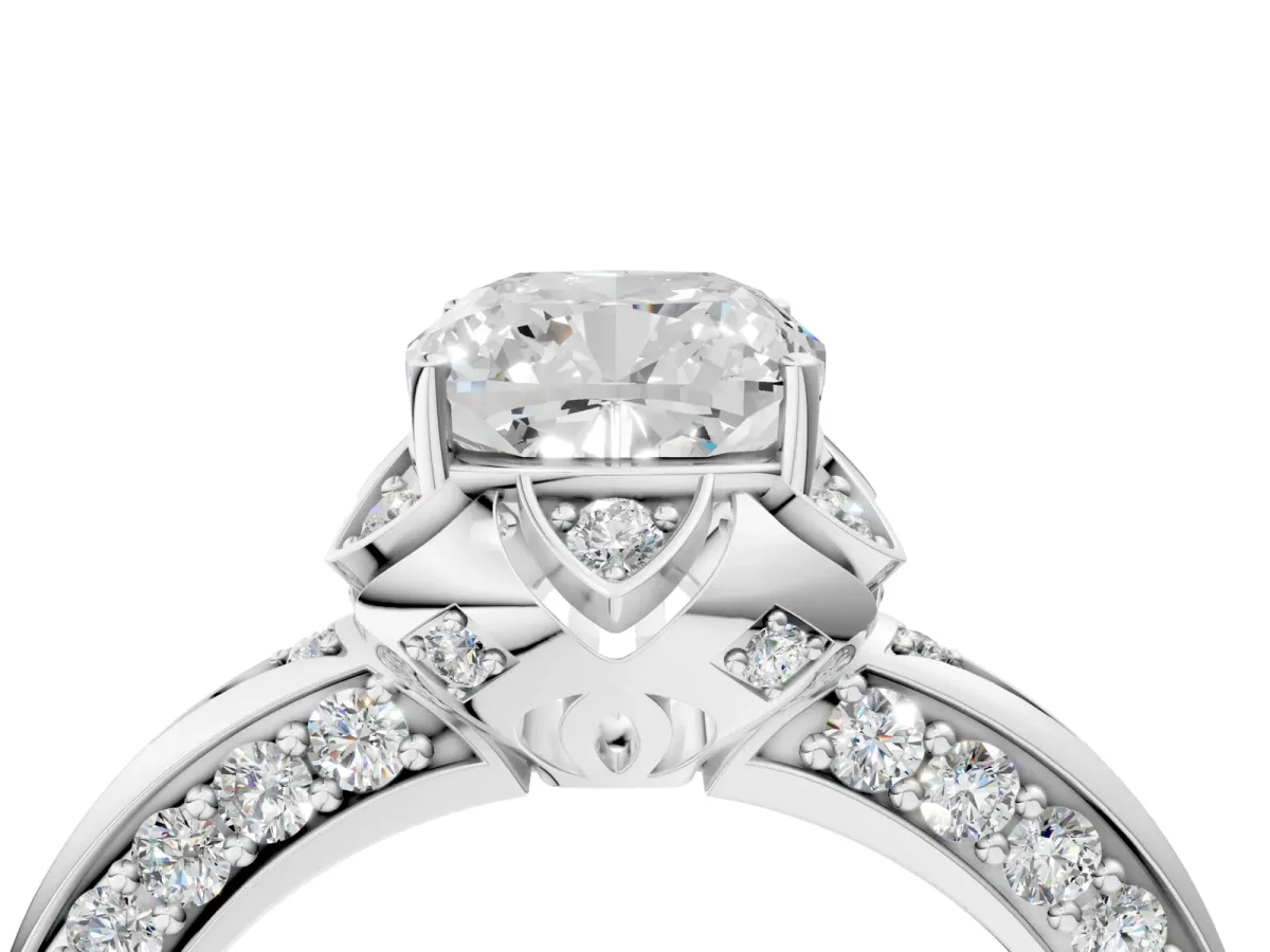 Cushion Cut Halo Split Shank Pave Diamond Ring with Petal Prong Setting White gold