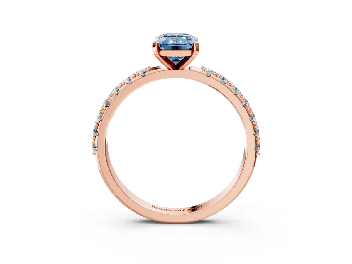 Fancy Blue Emerald Cut Diamond Solitaire Pavé Band with Four-Prong Setting Rose gold