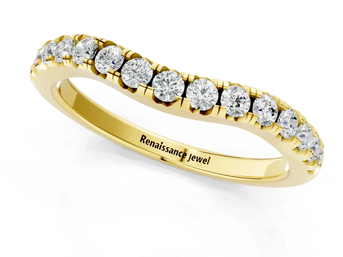 Round Diamond Curved Pavé Wedding Band with Shared Prong Setting Yellow gold
