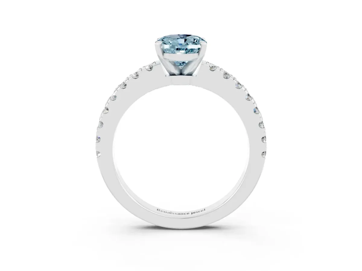 Oval Cut Solitaire Aquamarine with Pavé Band and Four-Prong Setting Silver