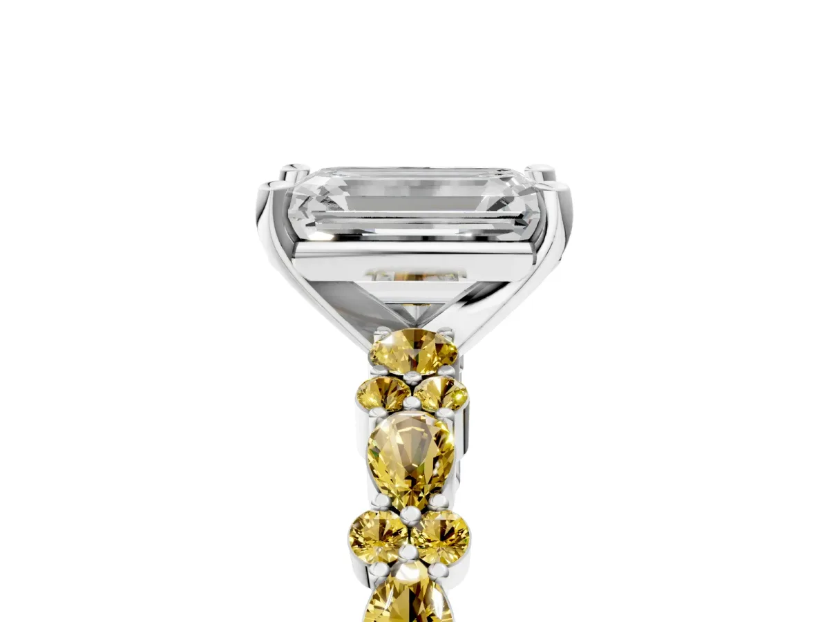 Emerald Cut Diamond Side Stone Solitaire Ring with Round Yellow Sapphire and Four-Prong Setting Platinum