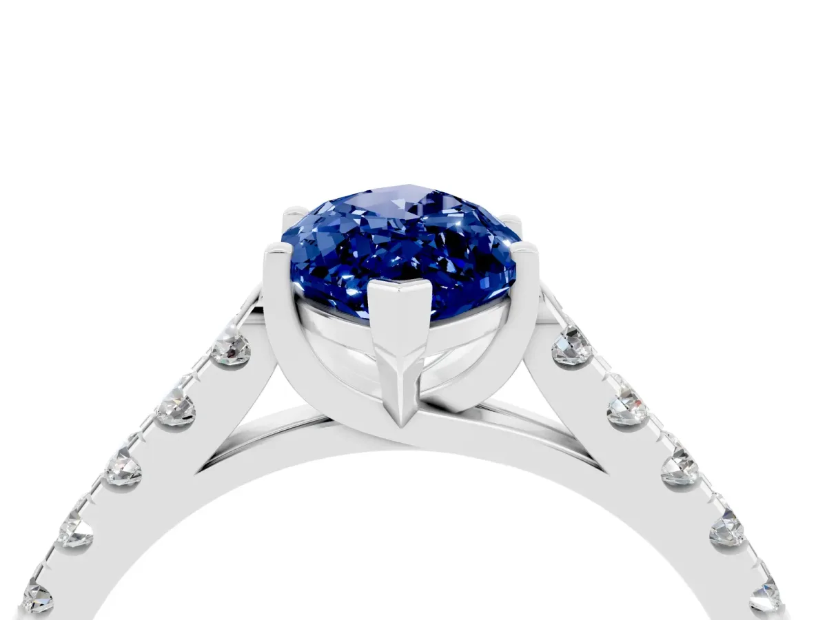 Marquise Cut Blue Sapphire Pavé Band Solitaire Ring with Prong Setting Silver