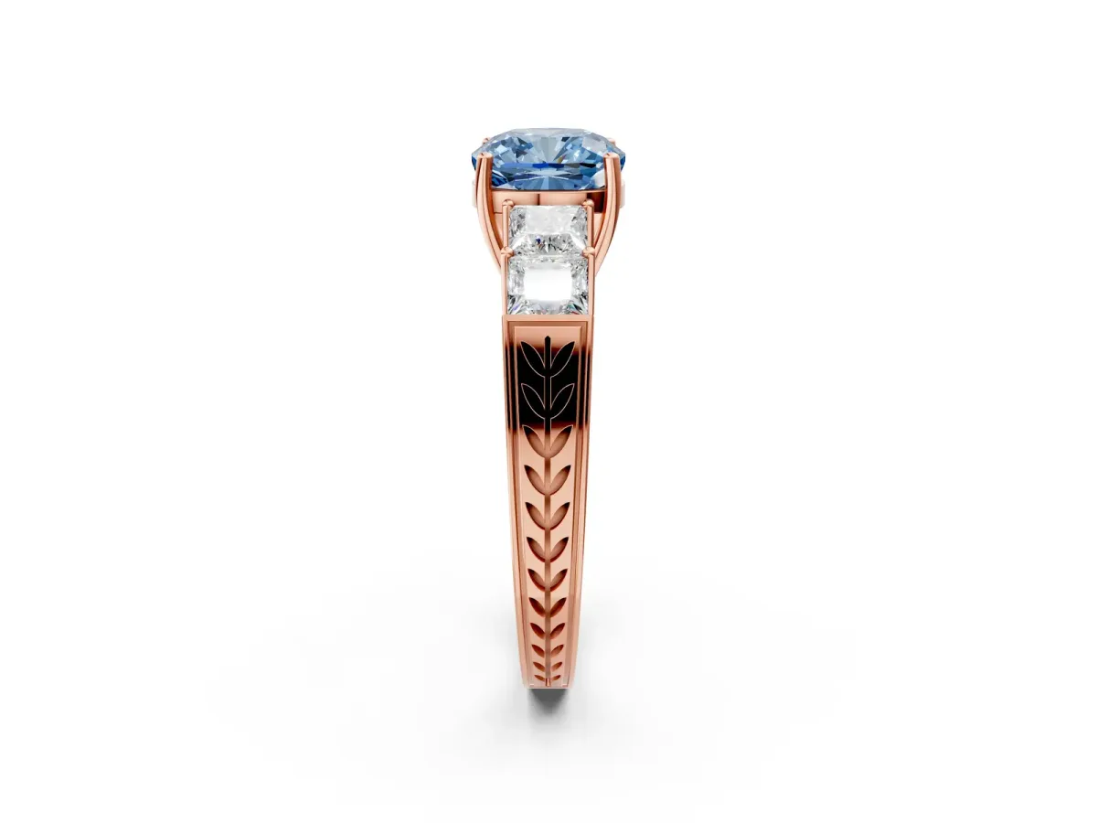 Fancy Blue Cushion Cut Solitaire Princess Side Stone Engraved Band Prong Setting Ring Rose gold