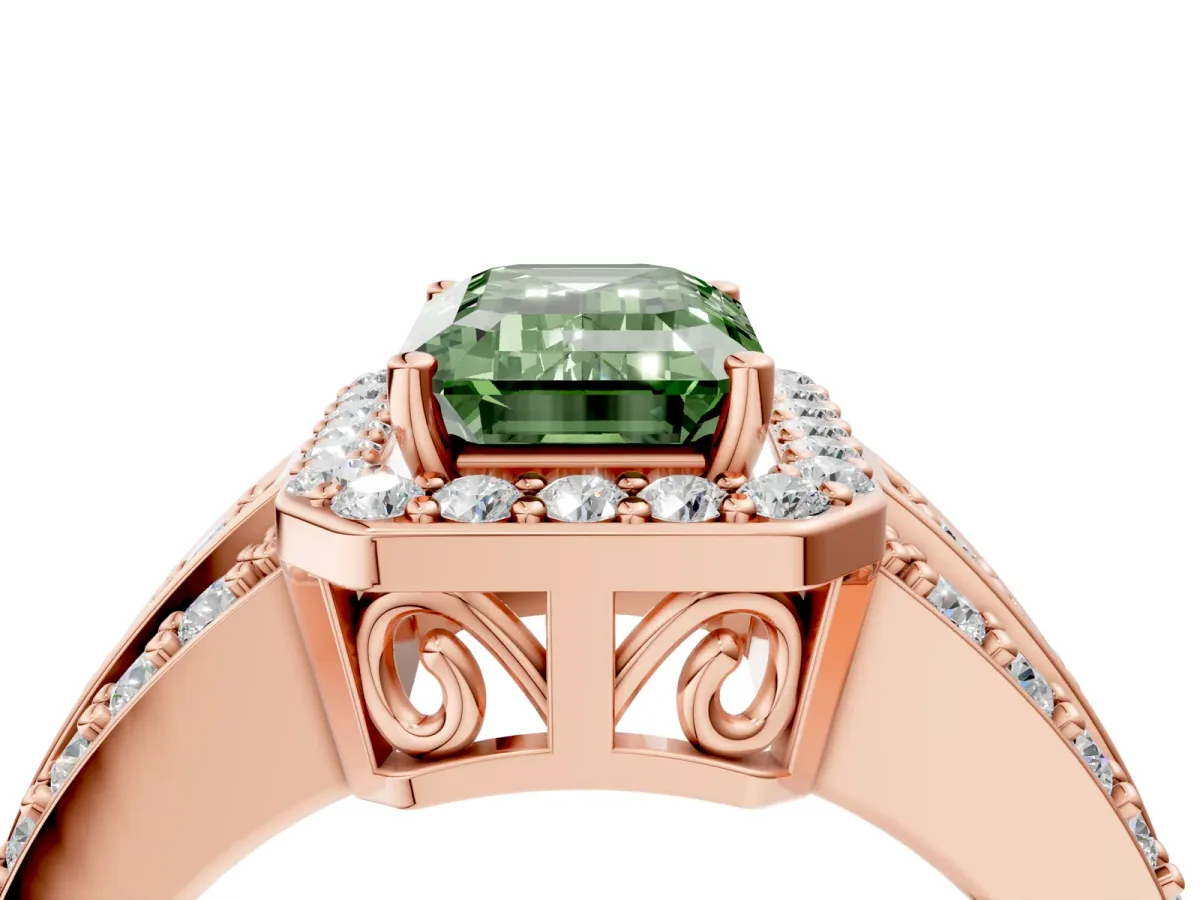 Fancy Green Emerald Cut Halo Diamond Ring with Round Split Shank and Prong Setting Rose gold