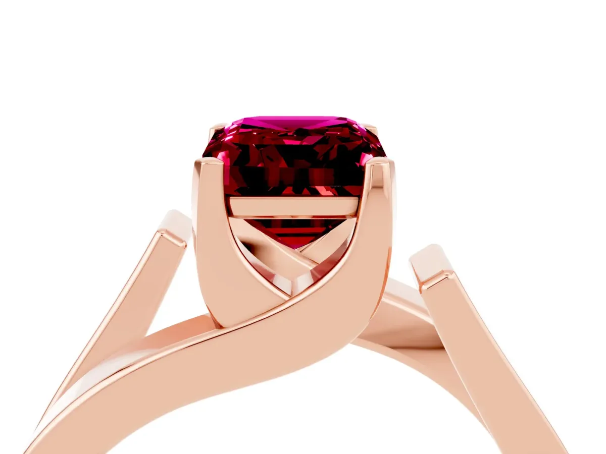Modern Tension Set Emerald Cut Garnet Solitaire Wide Band Ring Rose gold