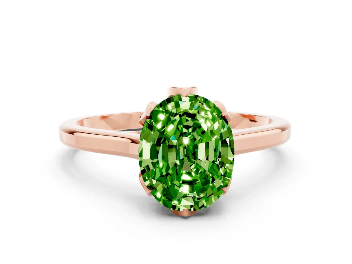Oval Cut Peridot Solitaire Ring with Flower Prong Setting and Classic Band Rose gold