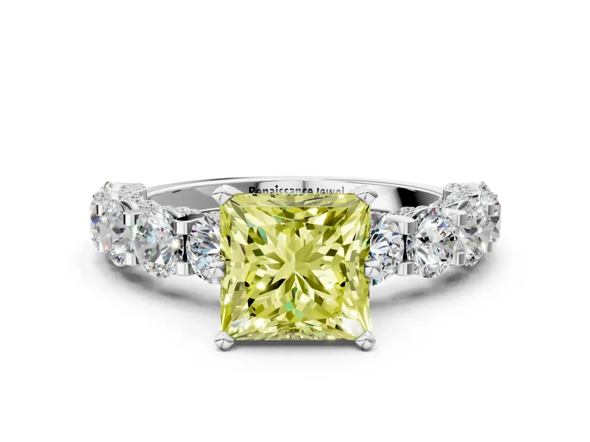 Fancy Yellow Princess Cut Diamond Side Stone Engagement Ring with Four-Prong Setting Platinum