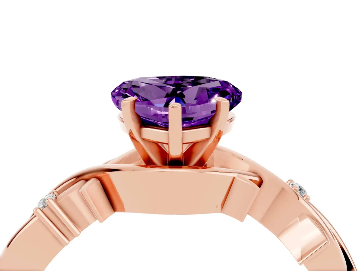 Heart Cut Amethyst Solitaire Ring with Twisted Band and Prong Setting Rose gold