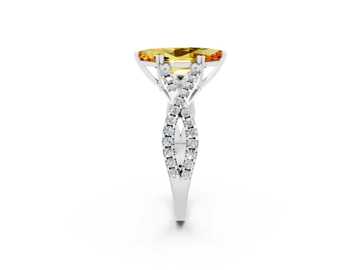 Marquise Cut Citrine Solitaire Ring with Four-Prong Setting and Twisted Pavé Band Silver