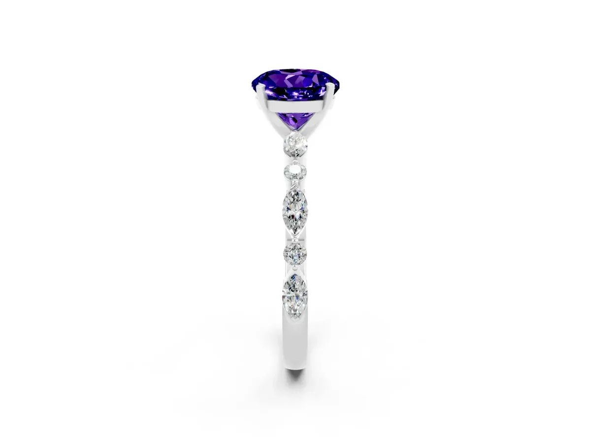 Round Cut Tanzanite Ring with Marquise and Round Side Stones and Four-Prong Setting Silver