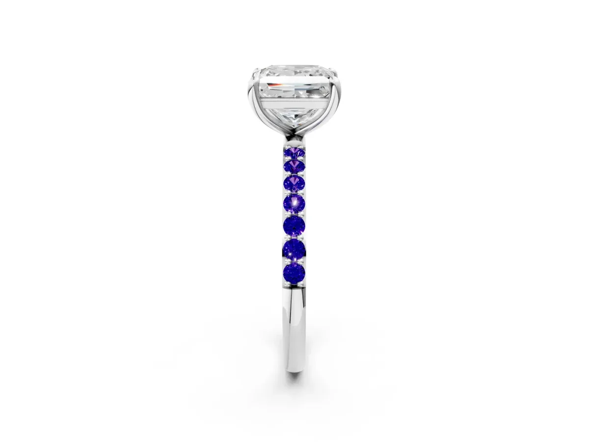 Princess Cut Diamond Solitaire Ring with Round Tanzanite Pavé Band and Prong Setting Silver