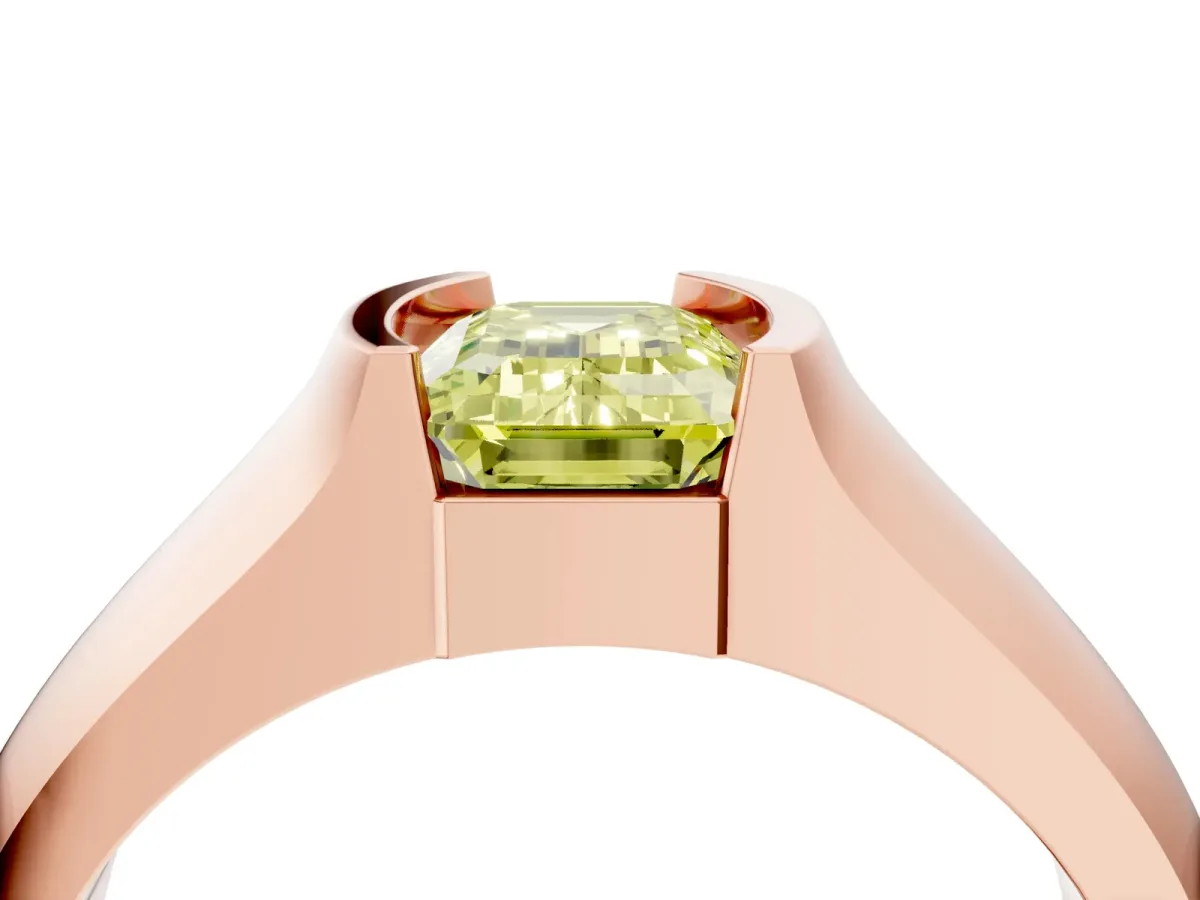 Fancy Yellow Emerald Cut Solitaire Bezel Set Diamond Ring with Wide Band Rose gold