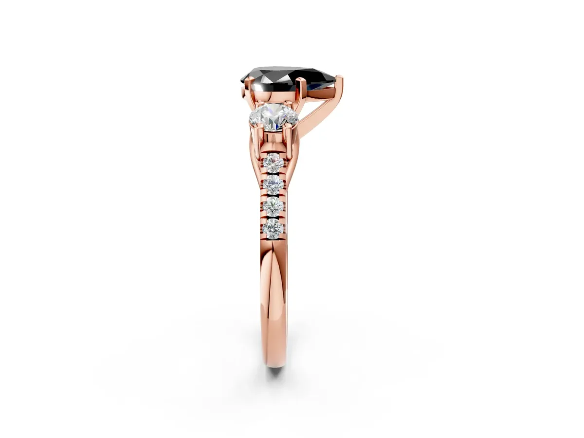 Fancy Black Three-Stone Pear Cut Diamond Pavé Band with Four-Prong Setting Rose gold