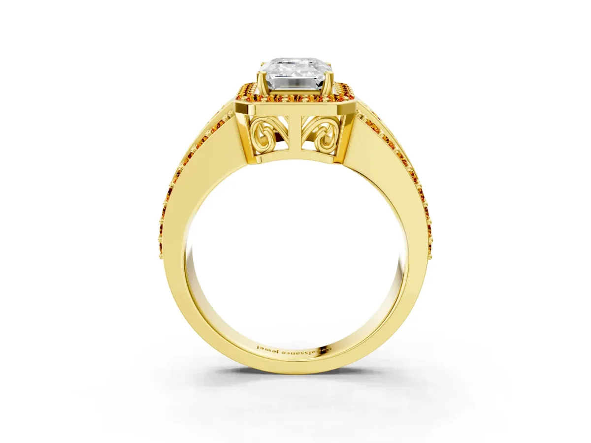 Emerald Cut Halo Diamond Ring with Round Citrine Split Shank and Prong Setting Yellow gold
