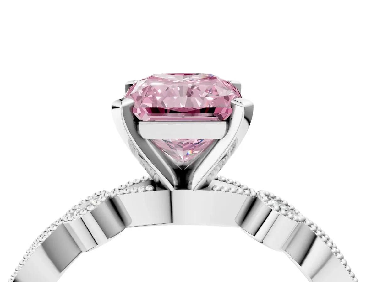 Fancy Pink Radiant Cut Milgrain Bezel Diamond Engagement Ring with Solitaire Prong Setting Platinum
