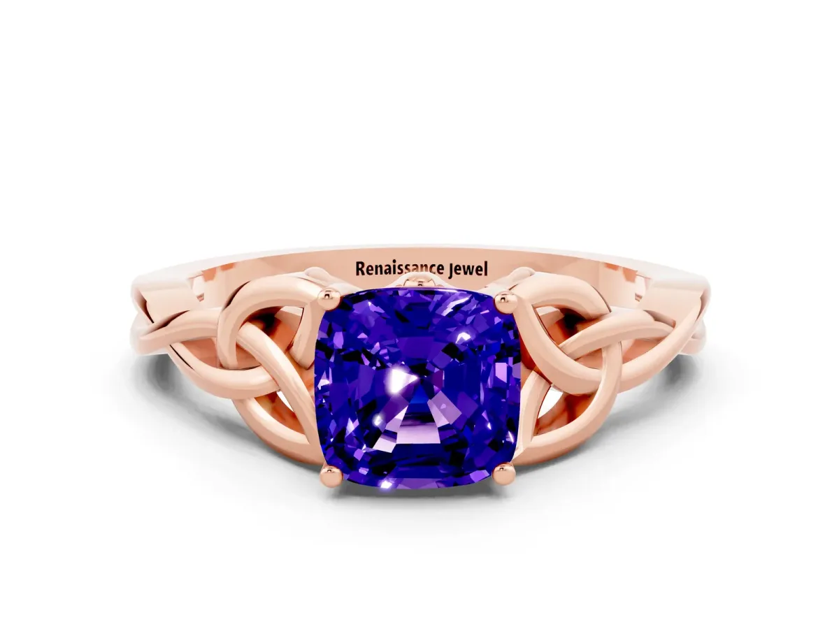 Cushion Cut Tanzanite Solitaire Celtic Knot Ring with Four-Prong Setting Rose gold