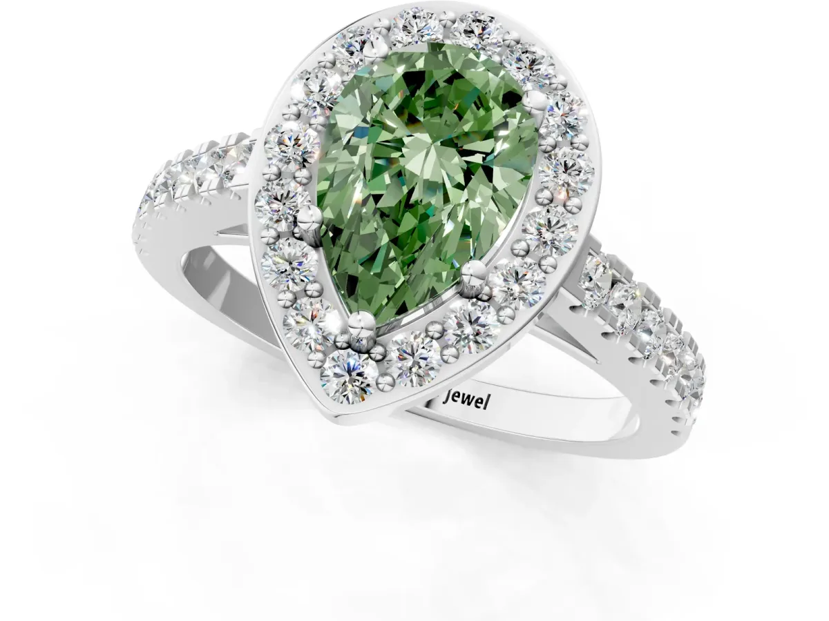 Fancy Green Pear Cut Diamond Halo Ring with Round Pavé Split Shank and Prong Setting Platinum