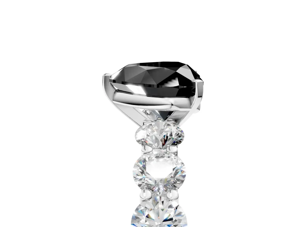 Fancy Black Heart Cut Diamond Prong Setting with Side Stones on a Pave Band Silver