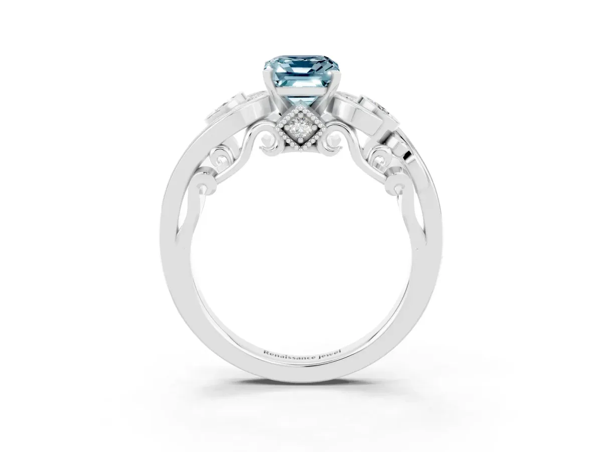 Emerald Cut Aquamarine Solitaire Ring with Milgrain Pavé Band and Four-Prong Setting Silver