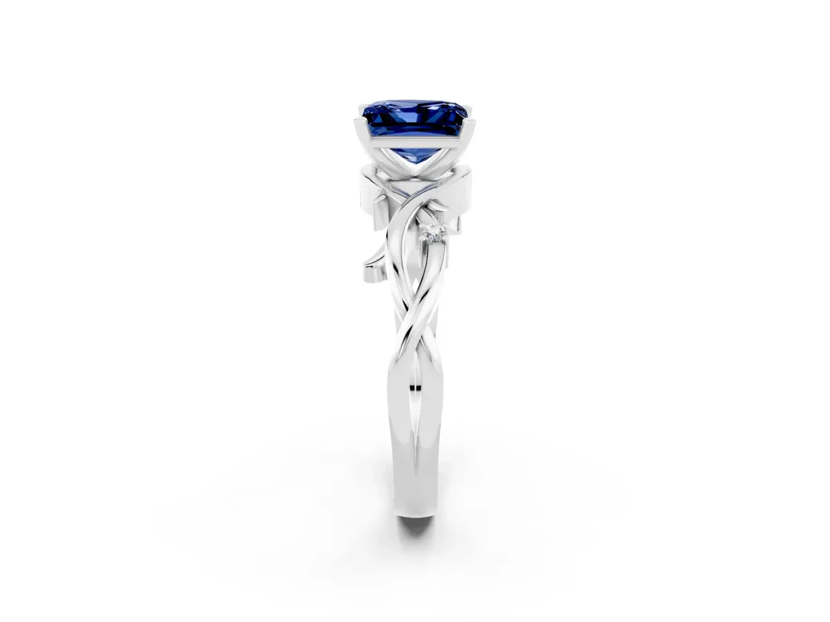 Princess Cut Blue Sapphire Solitaire Ring with Twisted Band and Prong Setting Silver