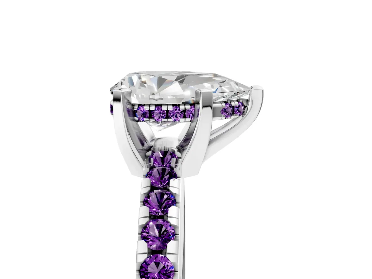 Pear Cut Diamond Solitaire Ring with Round Amethyst Pavé Band and Four-Prong Setting Silver
