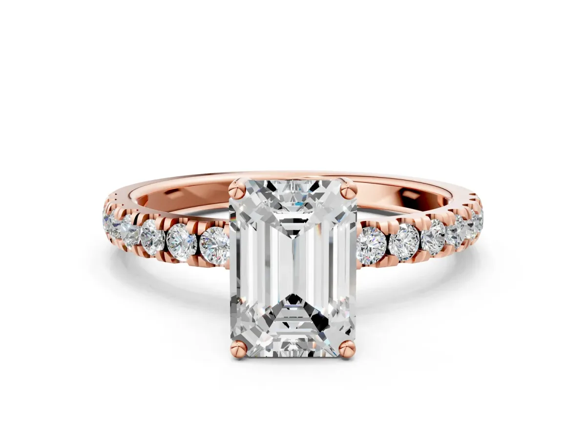 Emerald Cut Diamond Pave Band Solitaire Ring with Round and Prong Setting Rose gold