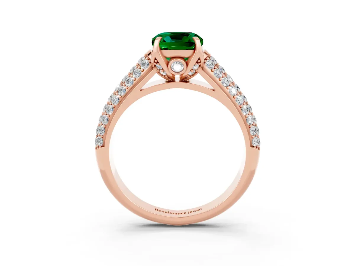 Cushion Cut Emerald Solitaire Ring with Three-Row Pavé Band and Four-Prong Setting Rose gold
