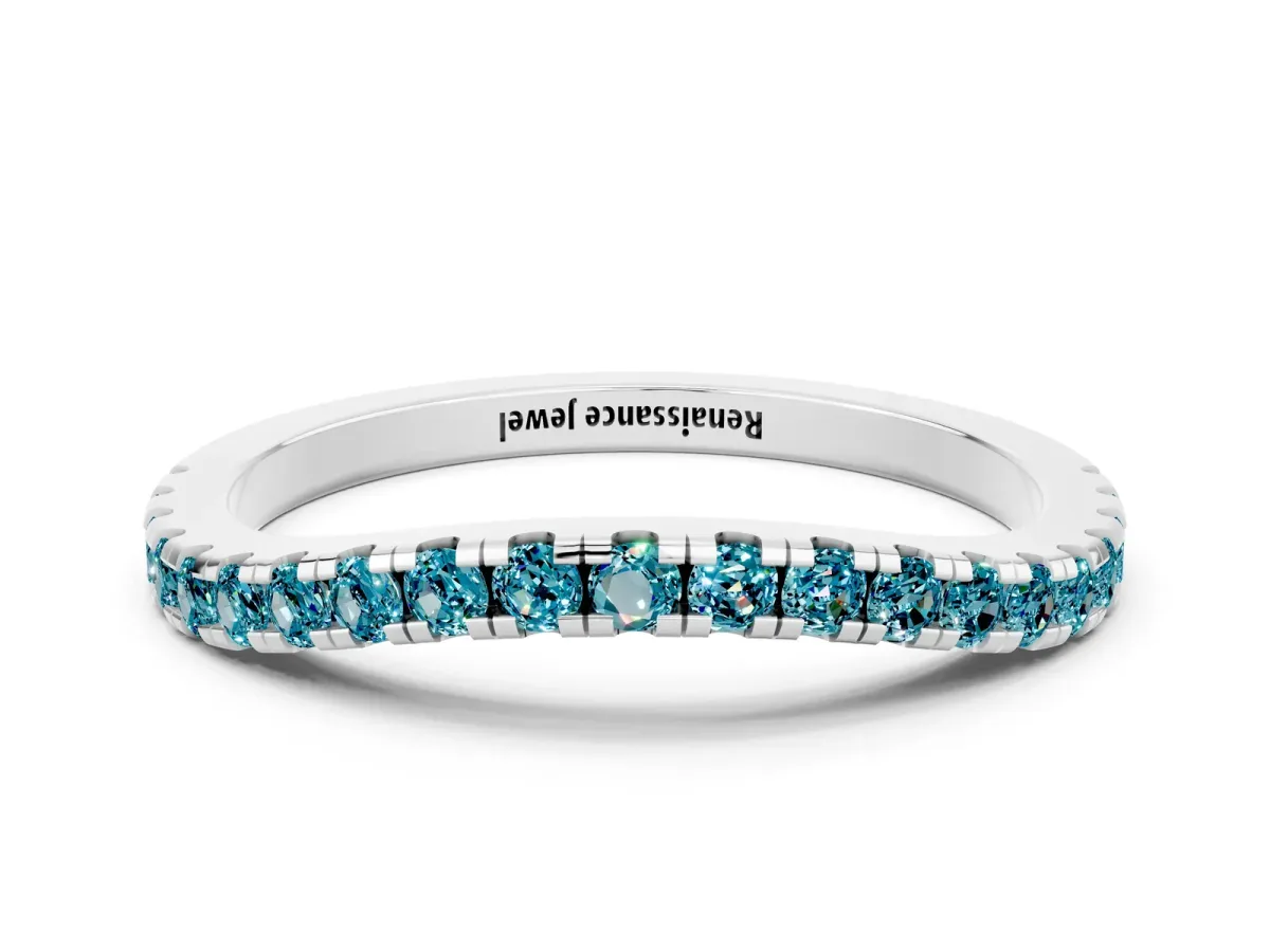 Round Blue Topaz Pavé Half Eternity Band with Shared Prong Setting Silver
