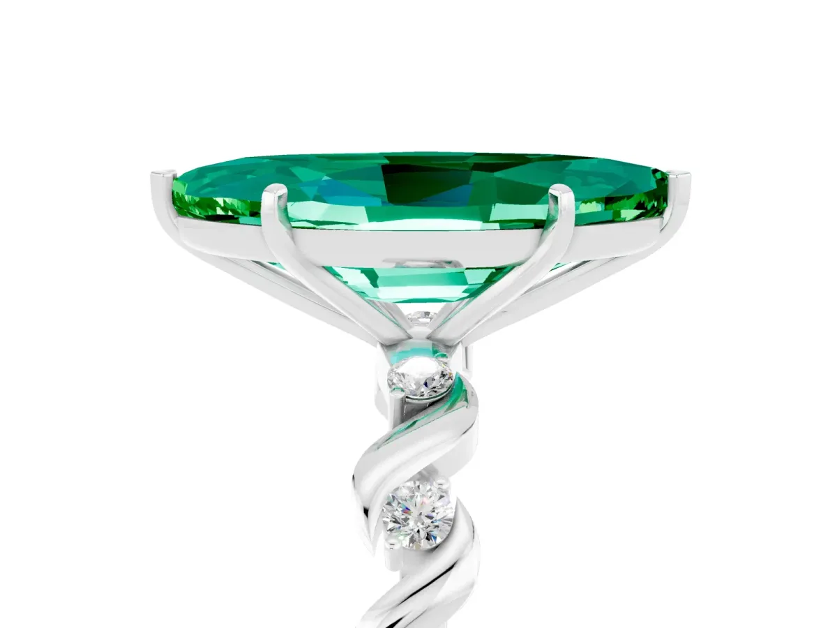 Marquise Cut Emerald Solitaire Twisted Band with Round Accents and Prong Setting Silver