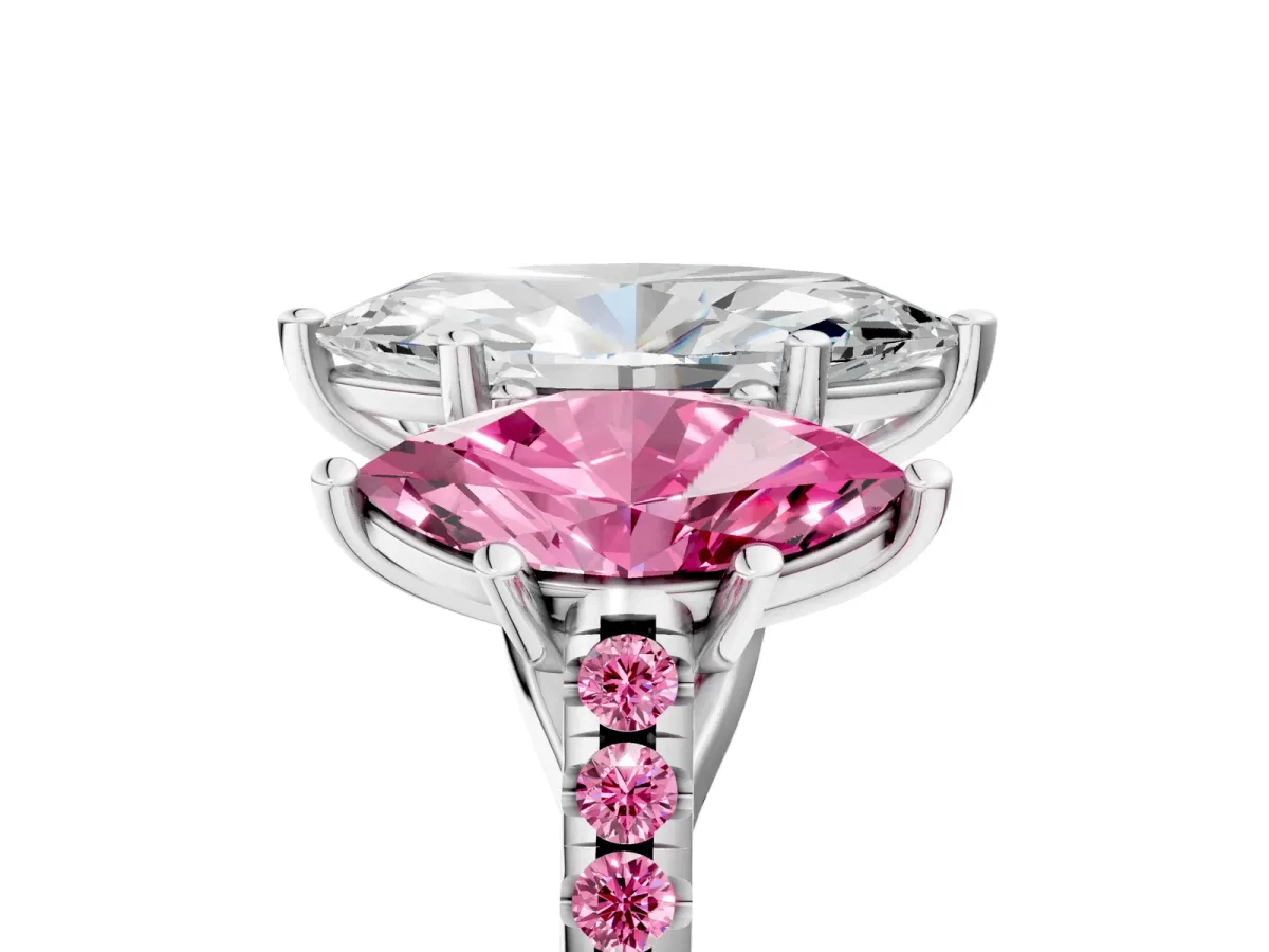 Three-Stone Marquise Cut Diamond Ring with Round Pink Sapphire Pavé Band and Prong Setting Silver