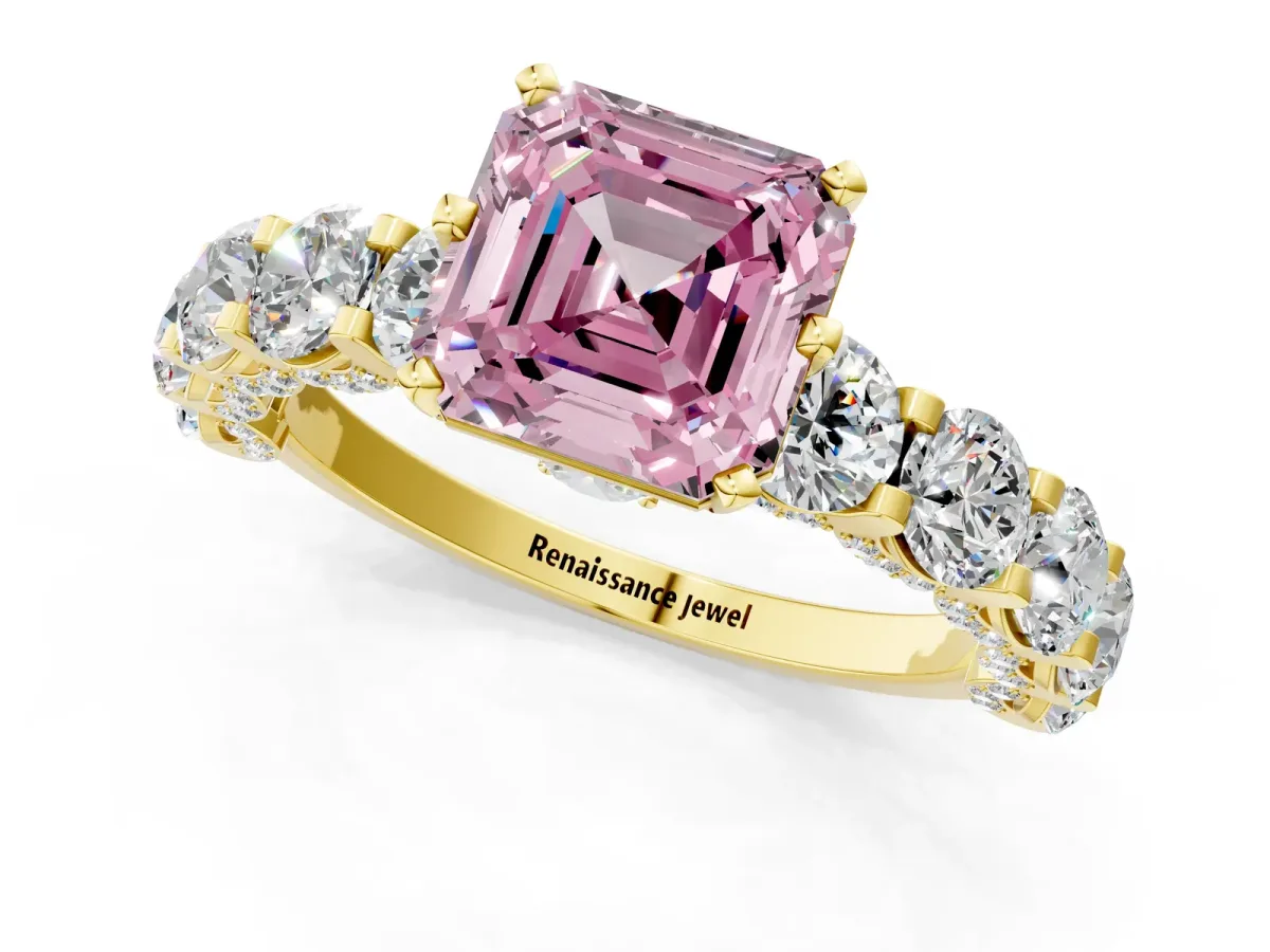 Fancy Pink Asscher Cut Diamond Side Stone Engagement Ring with Four-Prong Setting Yellow gold