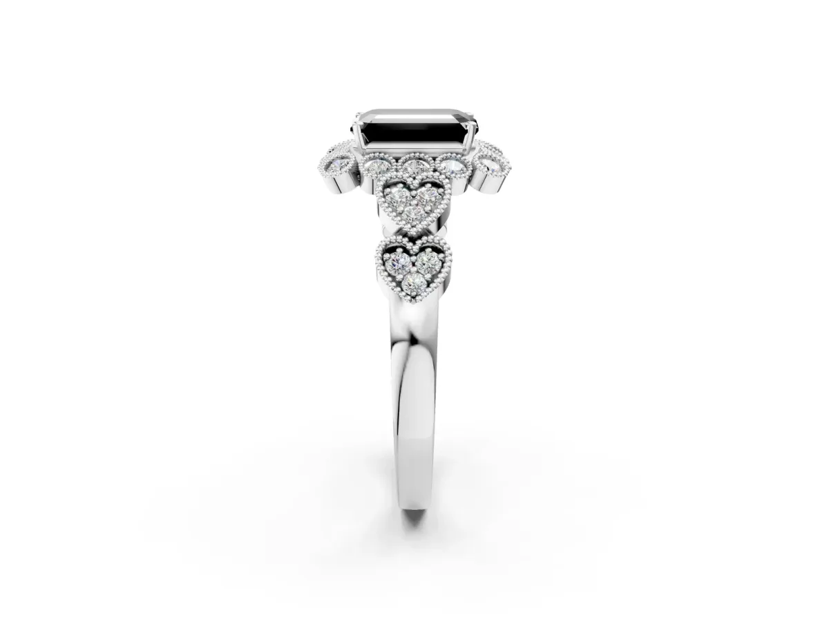 Fancy Black Emerald Cut Brilliant Milgrain Pave Heart Band Solitaire Ring Platinum