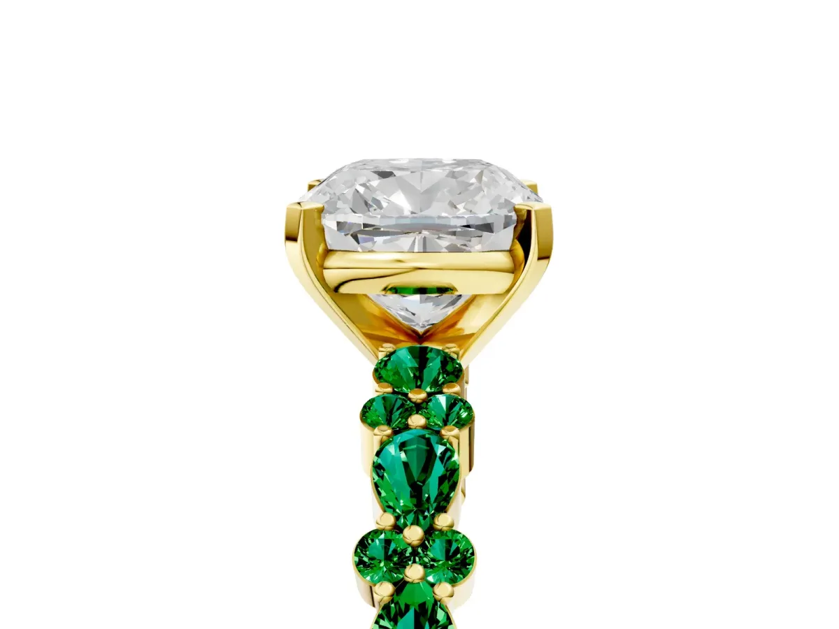 Cushion Cut Diamond Side Stone Solitaire Ring with Round Emerald and Four-Prong Setting Yellow gold
