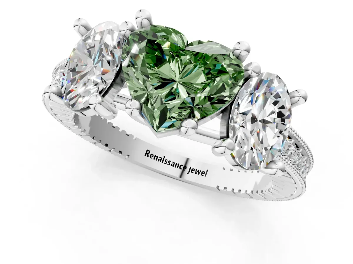 Fancy Green Three-Stone Heart Cut Diamond Milgrain Pave Band with Prong Setting Platinum