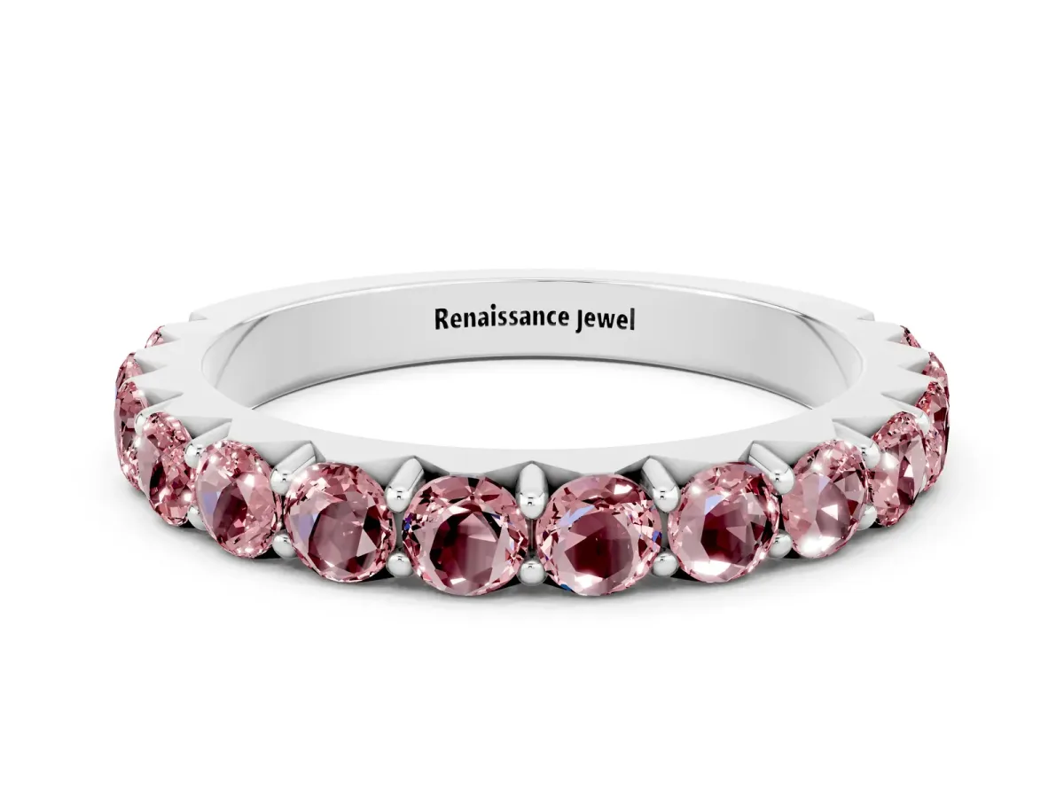 Round Morganite Half Eternity Band with Classic Prong Setting White gold