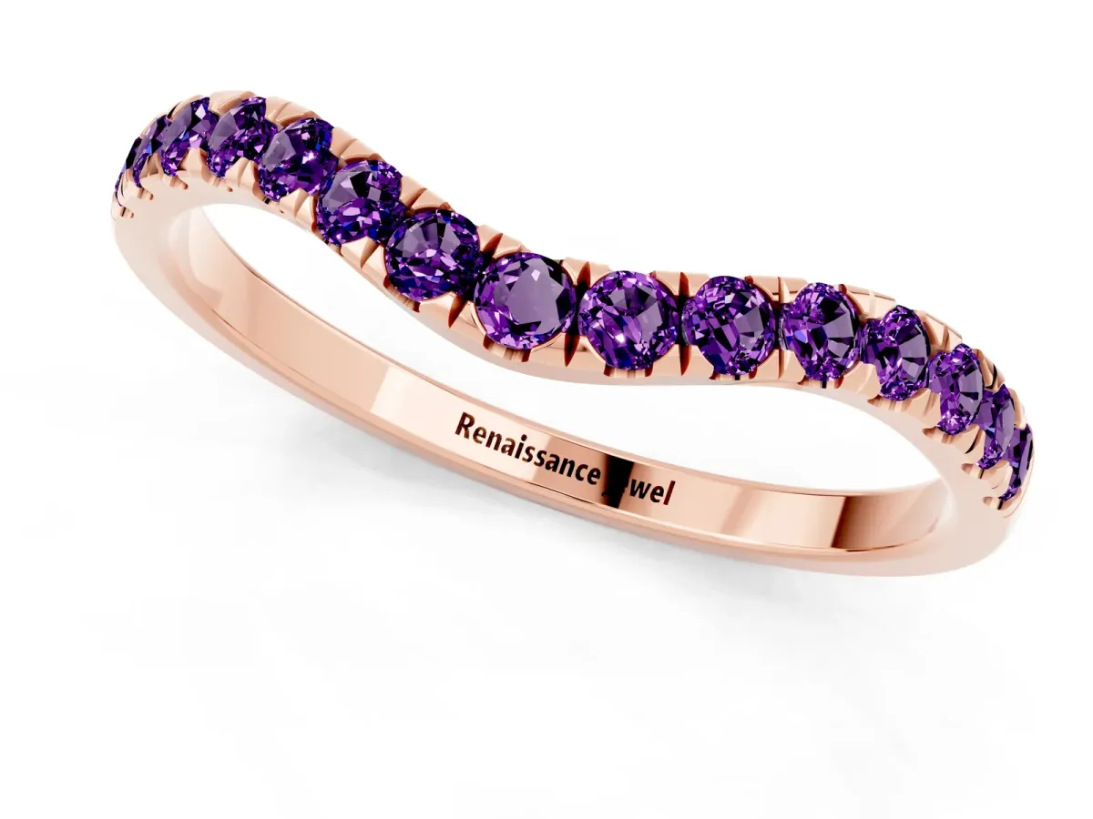 Curved Pavé Round Amethyst Wedding Band with Shared Prong Setting Rose gold