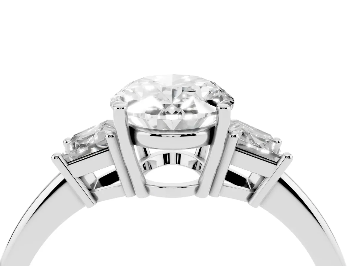 Oval Cut Diamond Three-Stone Ring with Trapezoid Side Stones and Prong Setting Silver