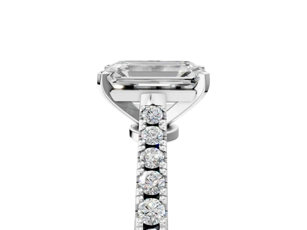 Emerald Cut Cut Solitaire Diamond Engagement Ring with Pave Band and Four-Prong Setting Silver